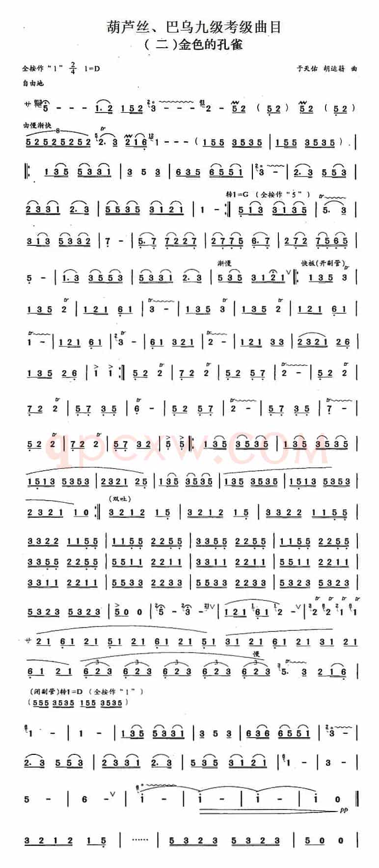 葫芦丝、巴乌九级考级曲目：金色的孔雀