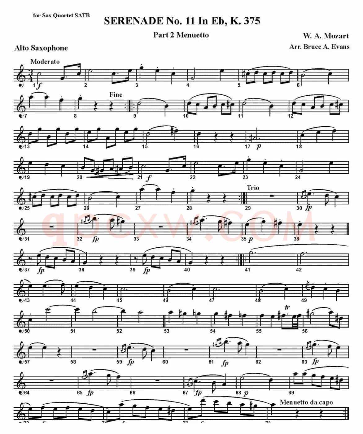 SERENADE No.11 in Eb，K.375 Part 2 Menuetto（四重奏·中音萨克斯分谱）
