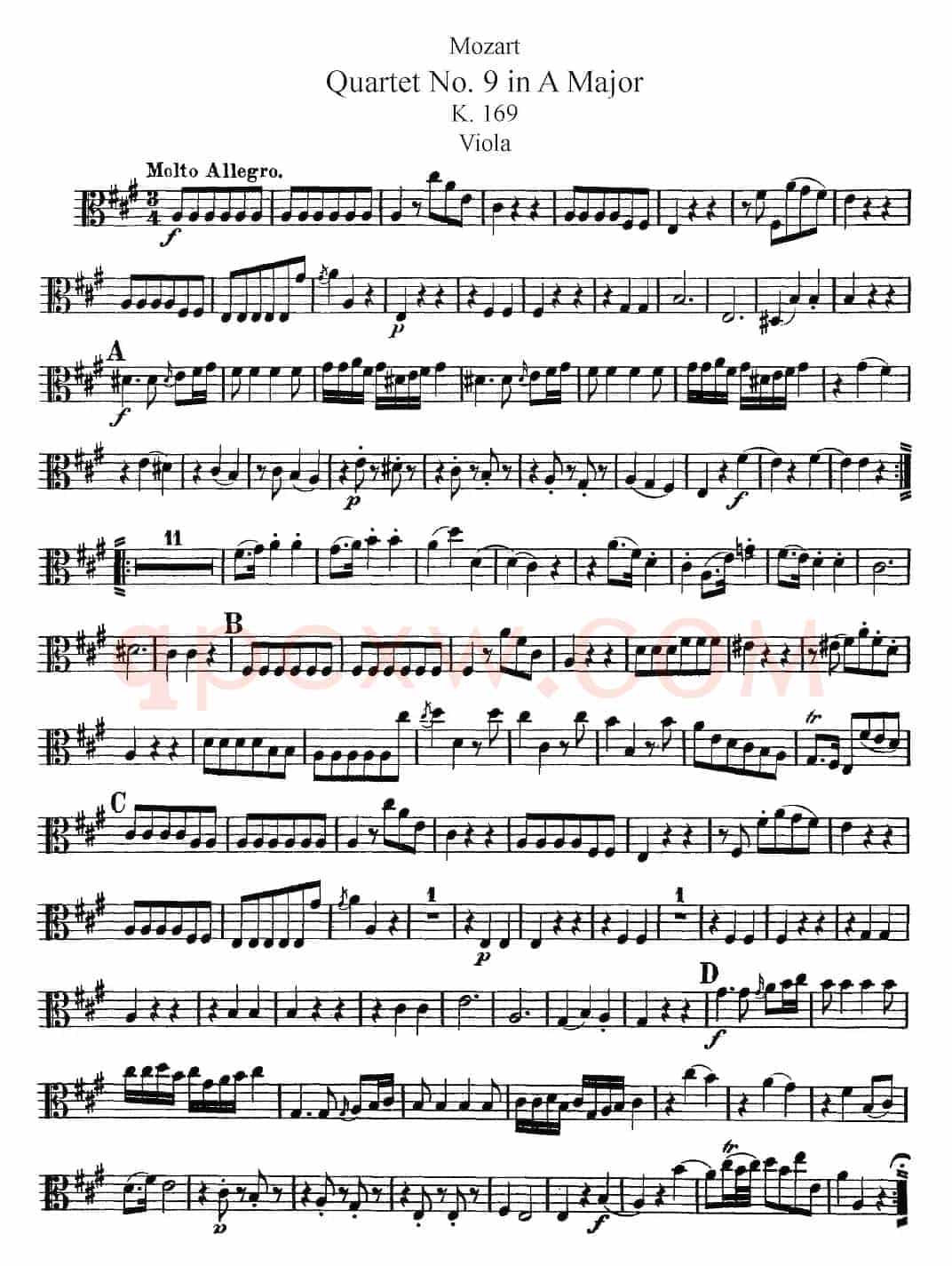 Mozart《Quartet No.9 in A Major,K.169》（Viola分谱）