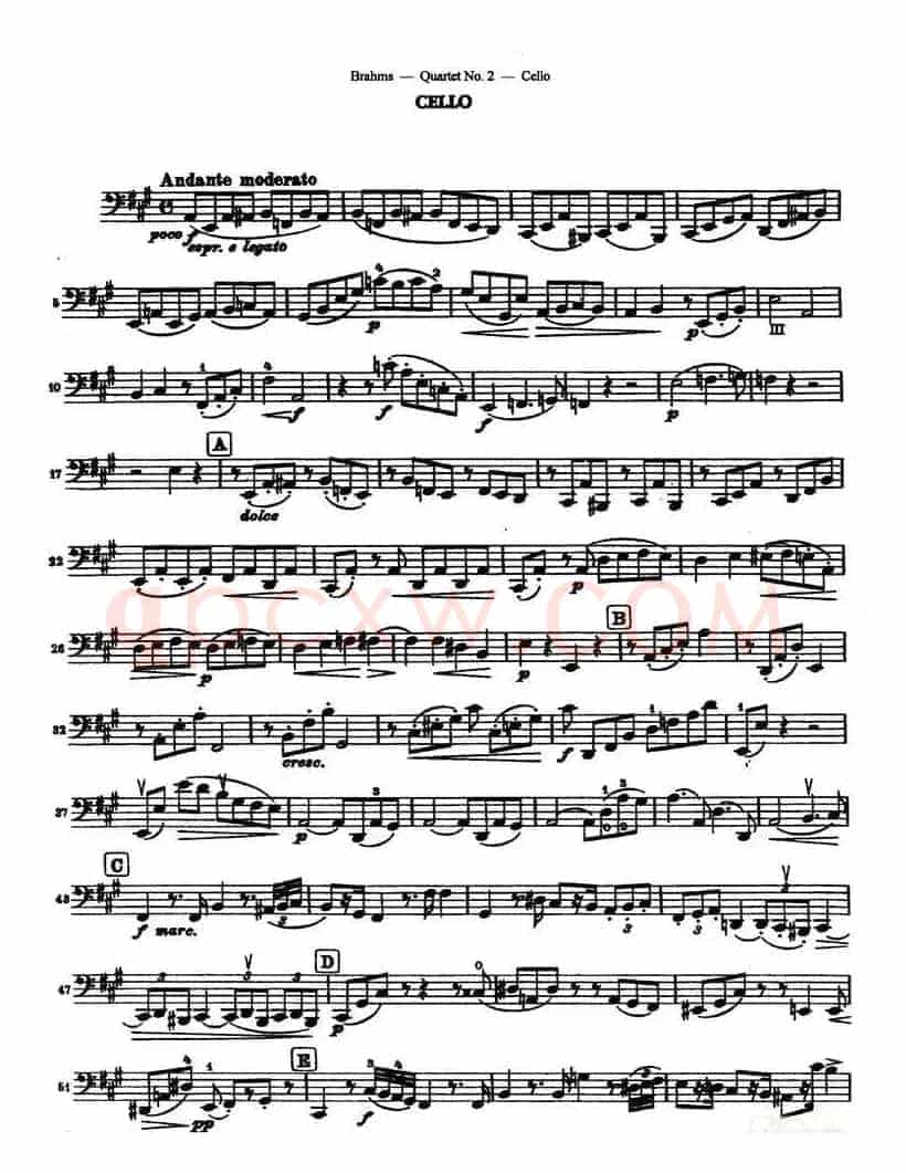 勃拉姆斯《Quartet No.2》Op.51（大提琴谱）