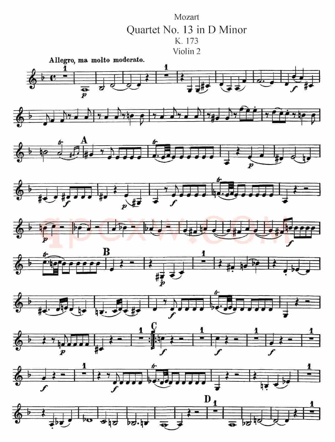 Mozart《Quartet No.13 in D Minor,K.173》（Violin 2分谱）