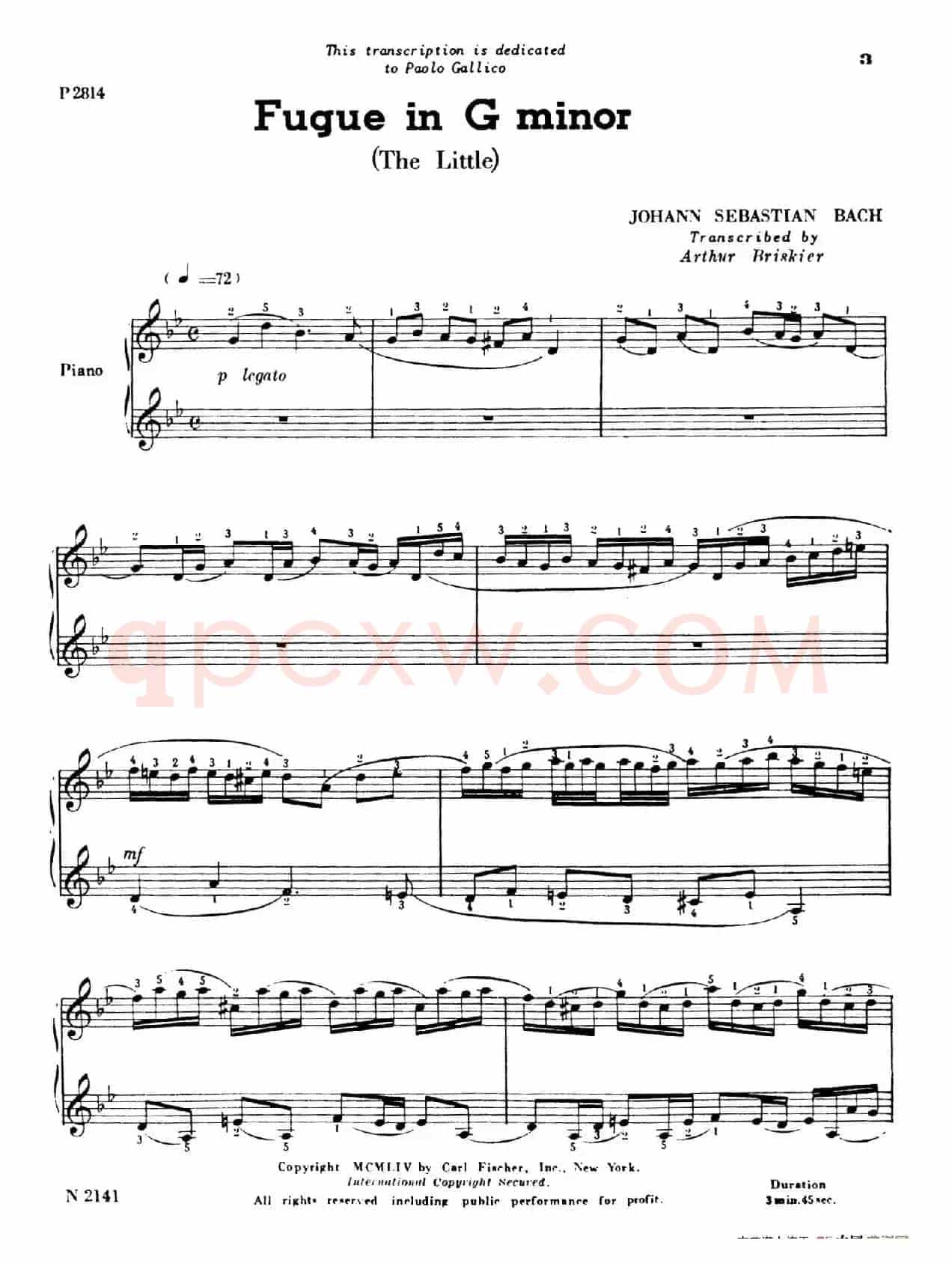 Fugue in g Minor BWV 578(g小调赋格·Briskier改编钢琴独奏版)