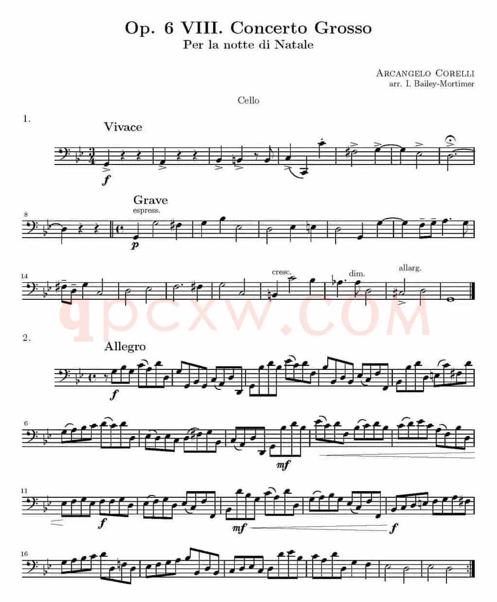 Op.6 VIII. Concerto Grosso（大协奏曲）（四重奏大提琴分谱）