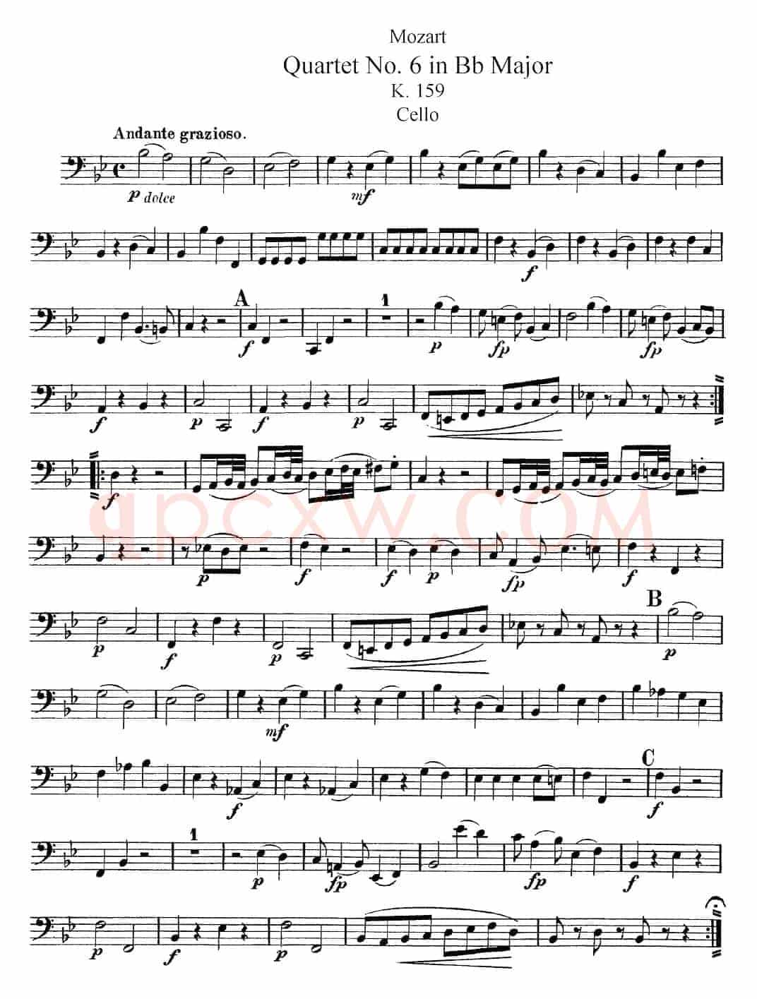 Mozart《Quartet No.6 in Bb Major,K.159》（Cello分谱）