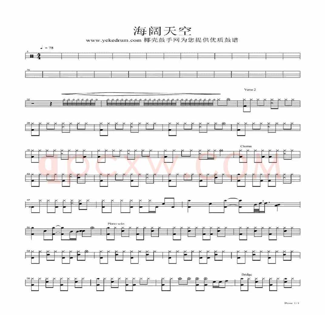 海阔天空（架子鼓谱、椰壳鼓手网制谱版）