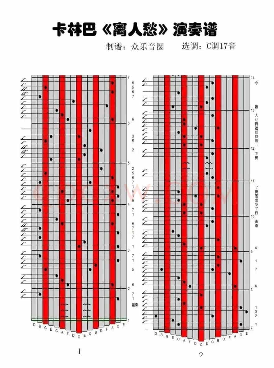 离人愁（17音卡林巴琴谱、弹唱演奏）