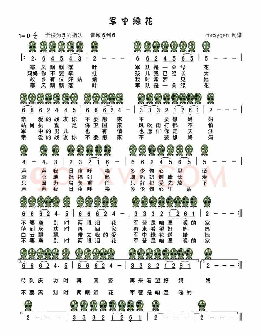 军中绿花（六孔陶笛谱）