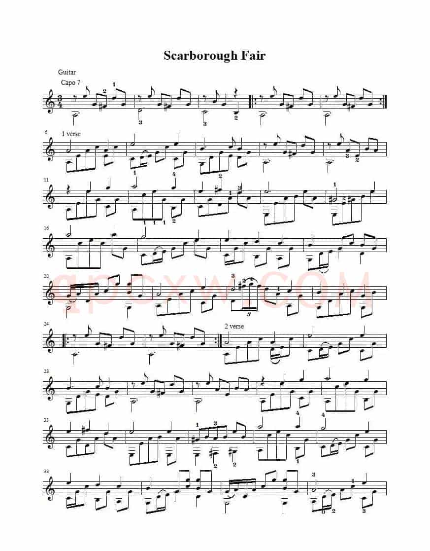 斯卡保罗集市（Scarborough Fair）（指弹吉他、五线谱）
