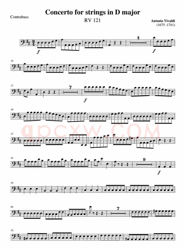 Concerto for strings in D Major（RV121、Contrabass分谱）