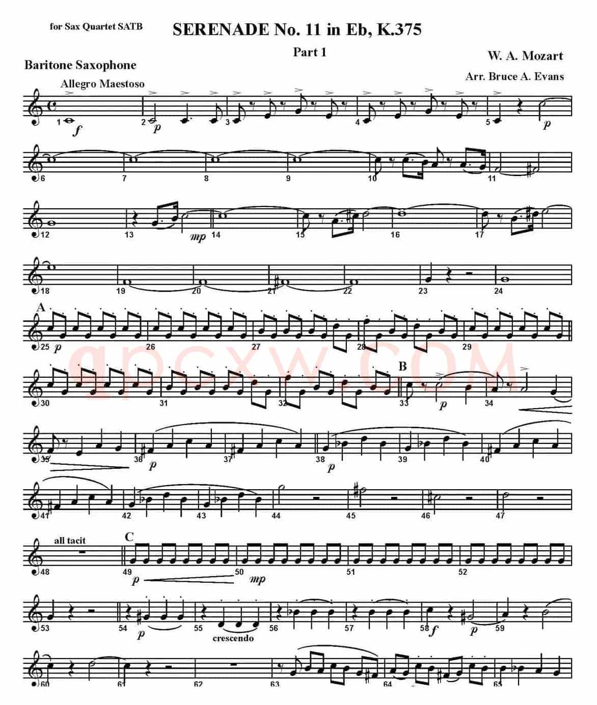 SERENADE No.11 in Eb，K.375 Part 1（四重奏·上低音萨克斯分谱）