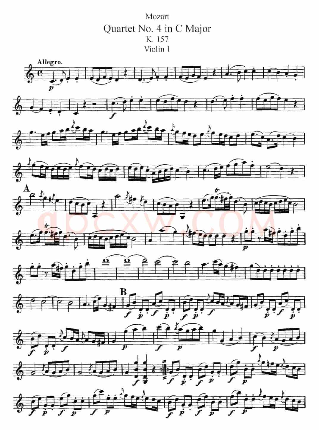 Mozart《Quartet No.4 in C Major,K.157》（Violin 1分谱）