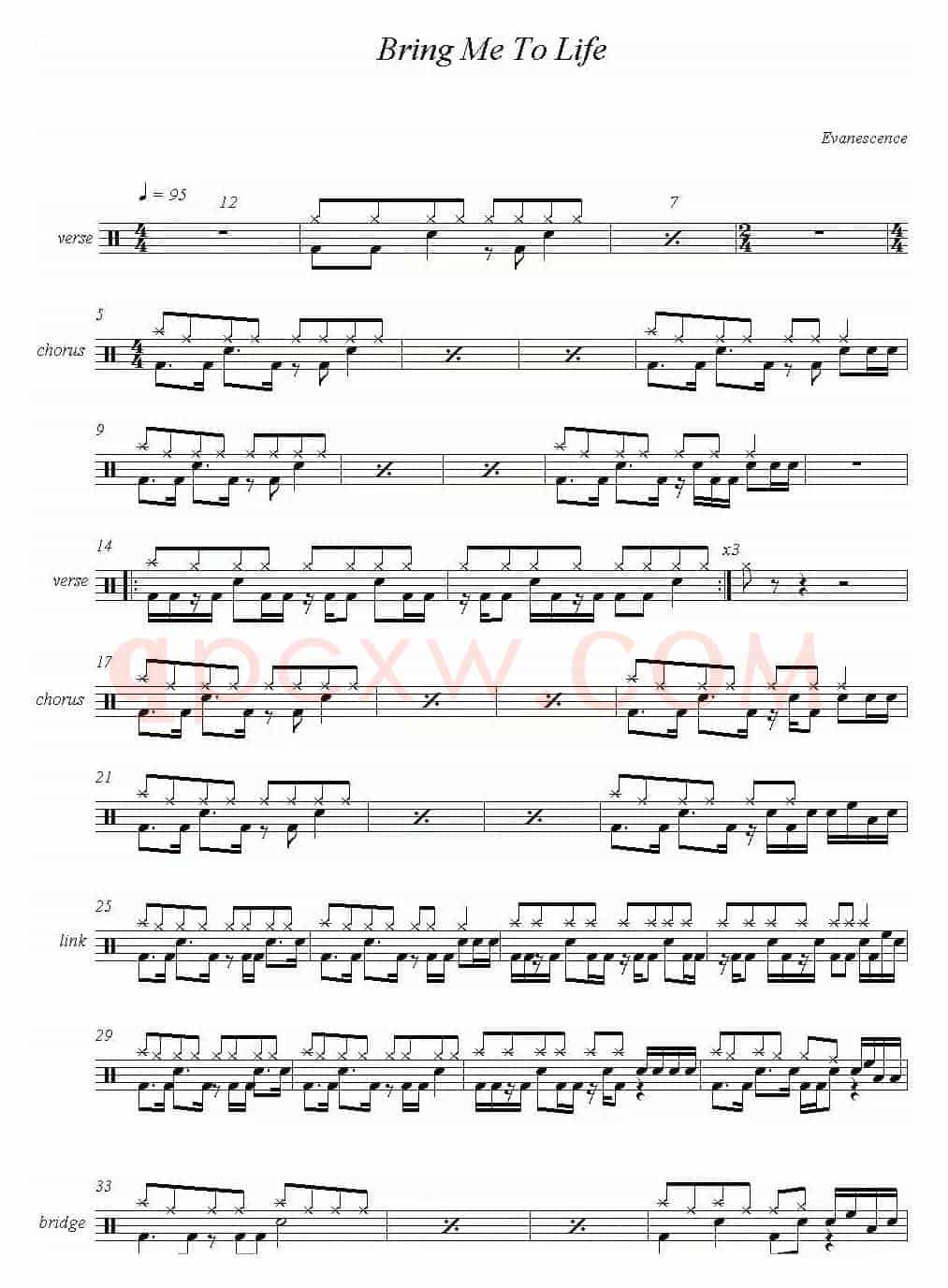 爵士鼓谱：Evanescence - Bring me to life
