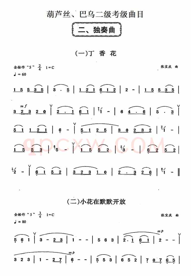 葫芦丝、巴乌二级考级曲目：独奏曲（1——9）