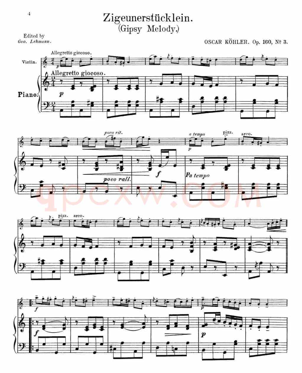 25首小提琴曲合集:Zigeunerstucklein.(Gipsy Melody.)(OSCAR KOHLER. Op.160No.3)(小提琴+钢琴伴奏)