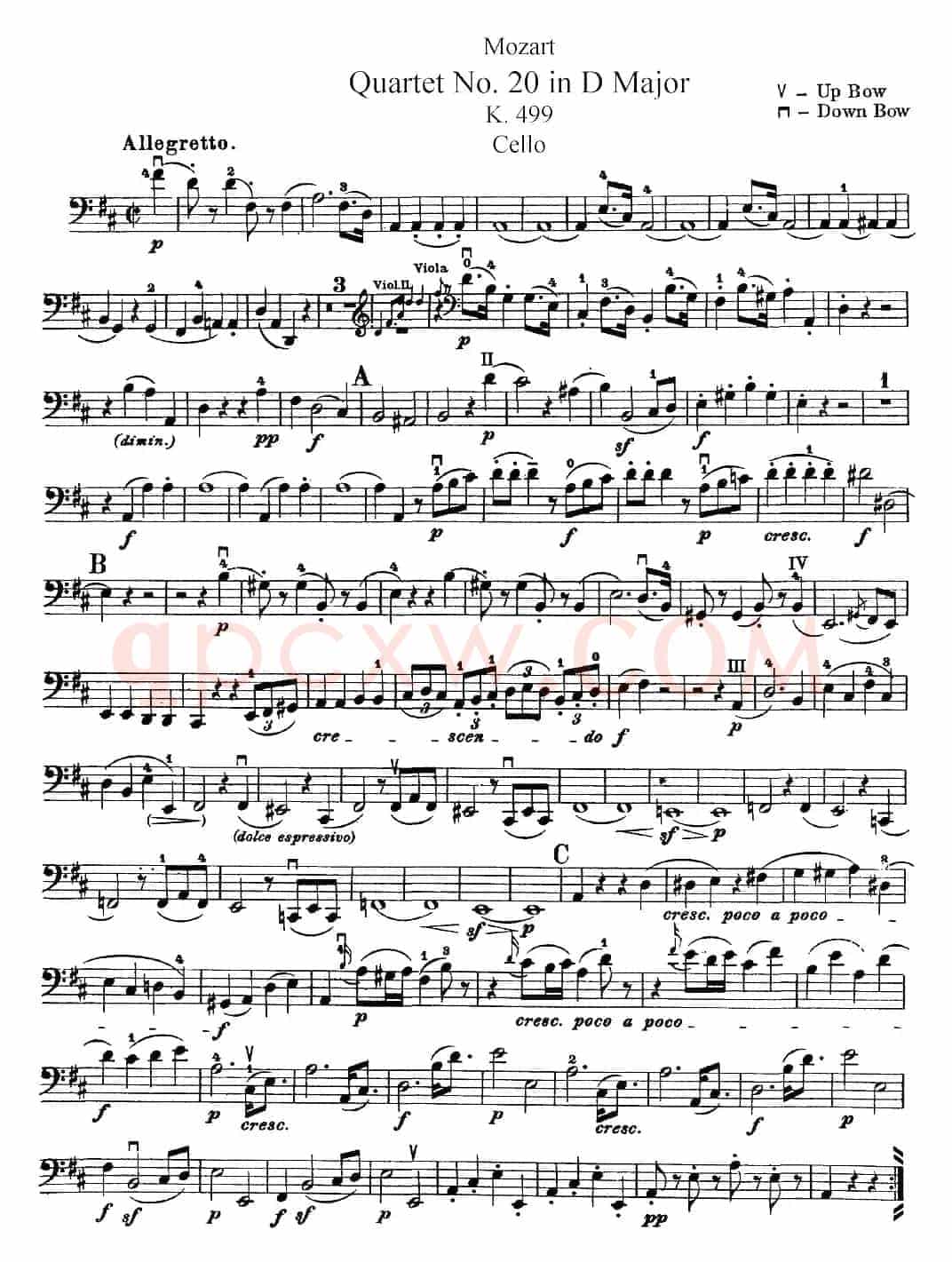 Mozart《Quartet No.20 in D Major,K.499》（Cello分谱）