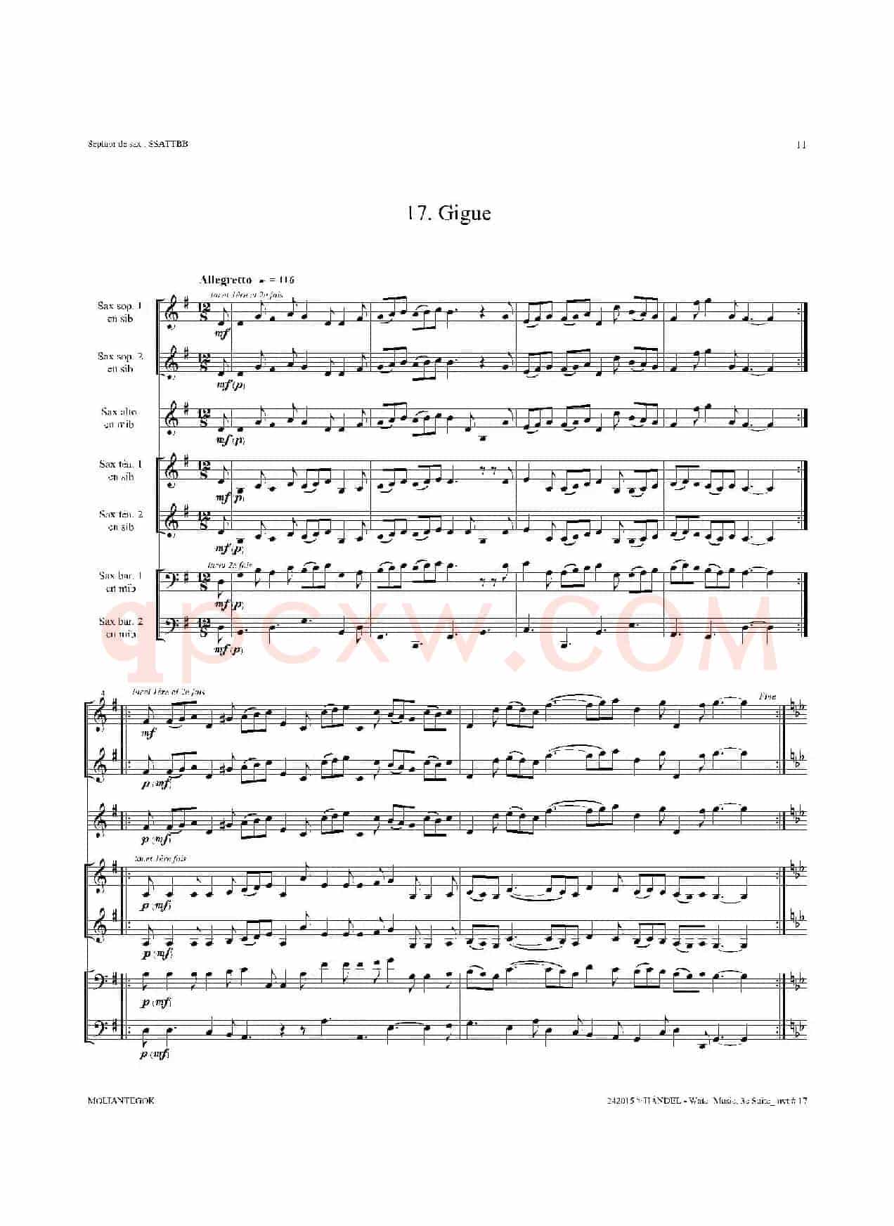 Water Music（HWV.350 No.3）（萨克斯合奏总谱）
