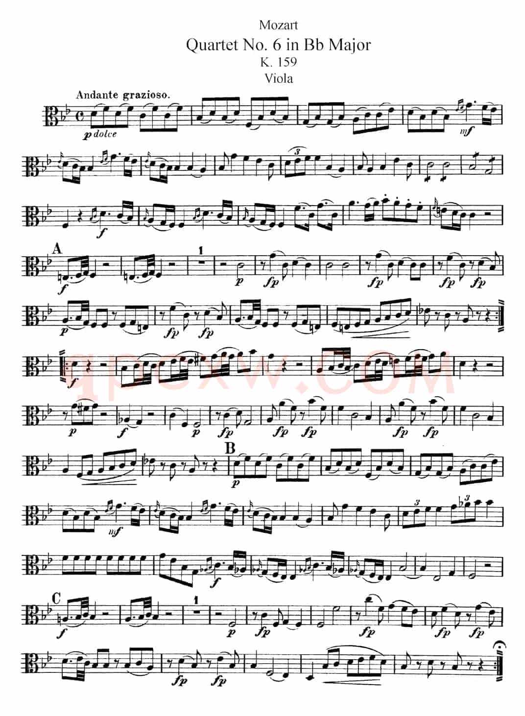 Mozart《Quartet No.6 in Bb Major,K.159》（Viola分谱）