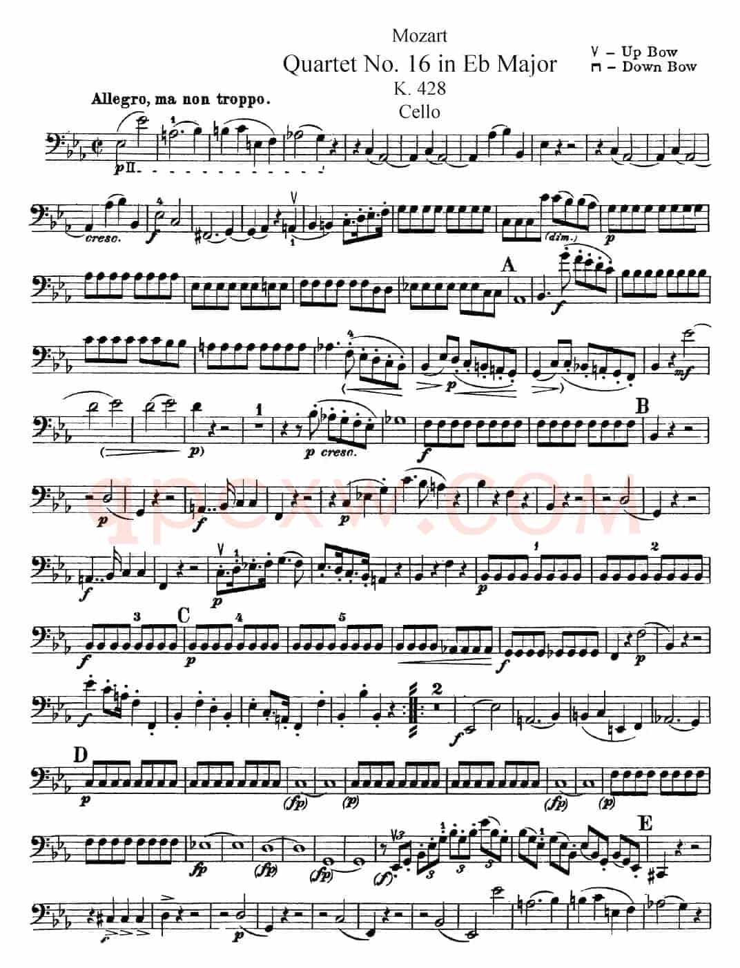 Mozart《Quartet No.16 in Eb Major,K.428》（Cello分谱）