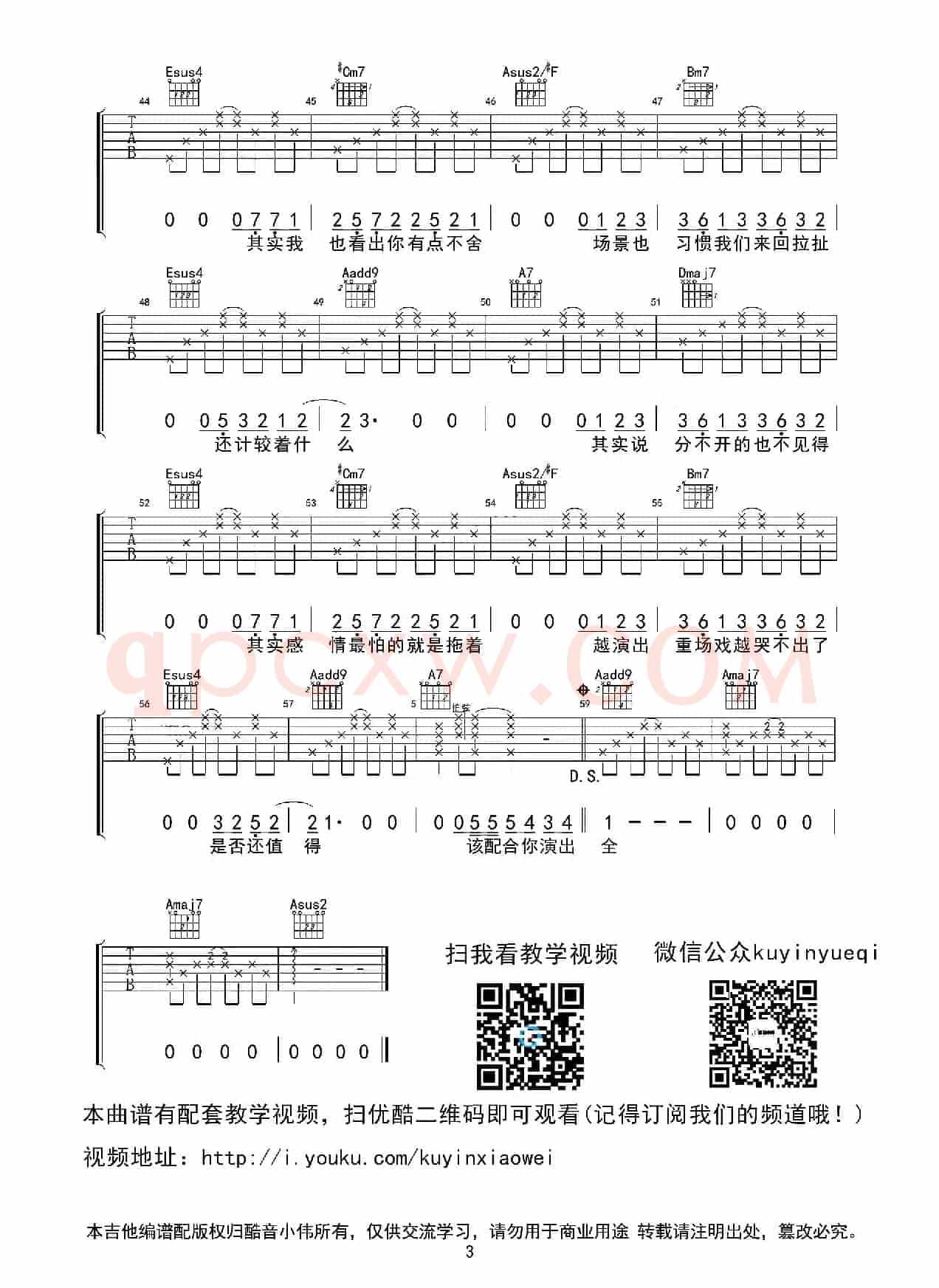演员(薛之谦A调指法吉他谱)(酷音小伟编配)