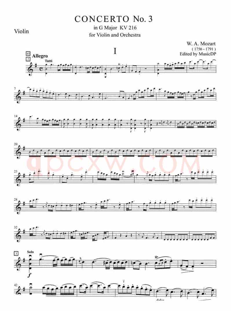 莫扎特第三小提琴协奏曲（第一乐章、小提琴分谱）