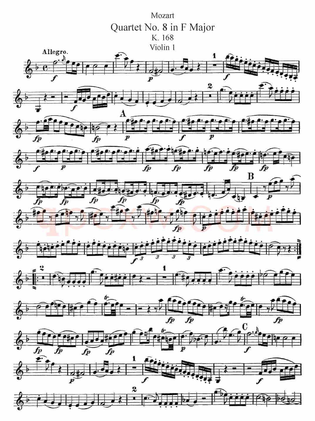 Mozart《Quartet No.8 in F Major,K.168》（Violin 1分谱）