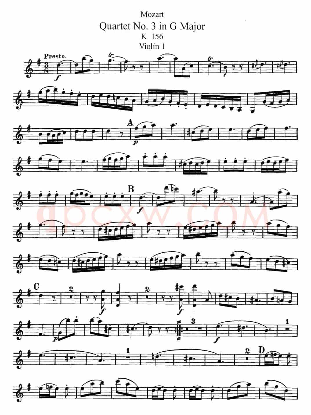 Mozart《Quartet No.3 in G Major,K.156》（Violin 1分谱）