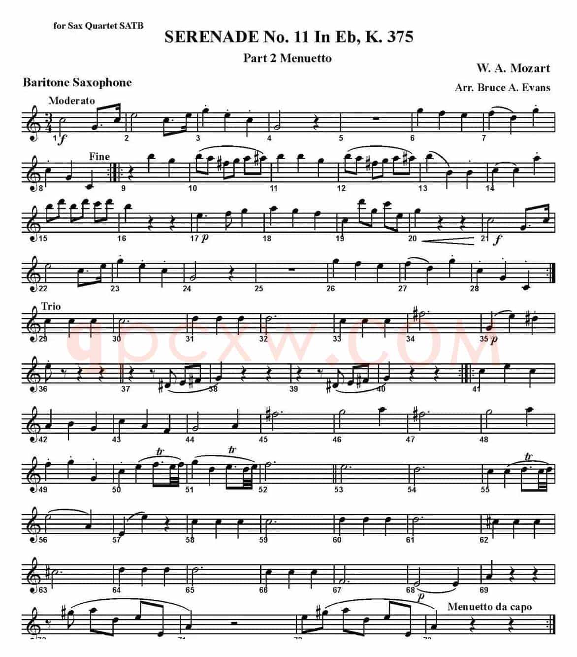 SERENADE No.11 in Eb，K.375 Part 2 Menuetto（四重奏·上低音萨克斯分谱）