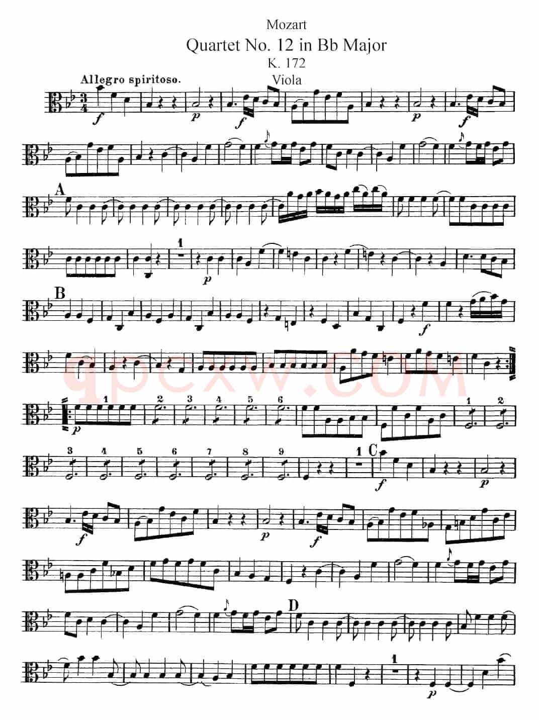 Mozart《Quartet No.12 in Bb Major,K.172》（Viola分谱）