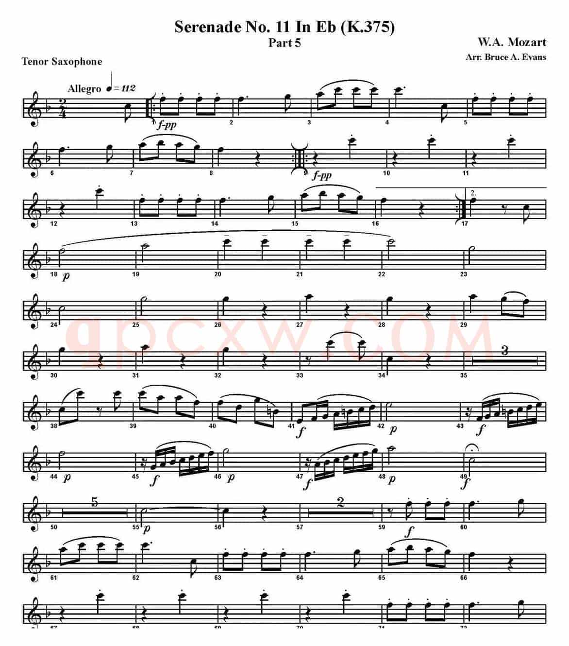 SERENADE No.11 in Eb，K.375 Part 5（四重奏·次中音萨克斯分谱）