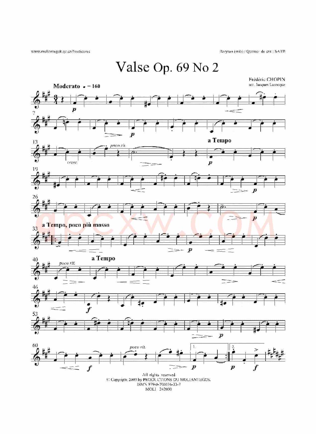 b小调圆舞曲 Op.69 No.2（四重奏上低音萨克斯分谱）