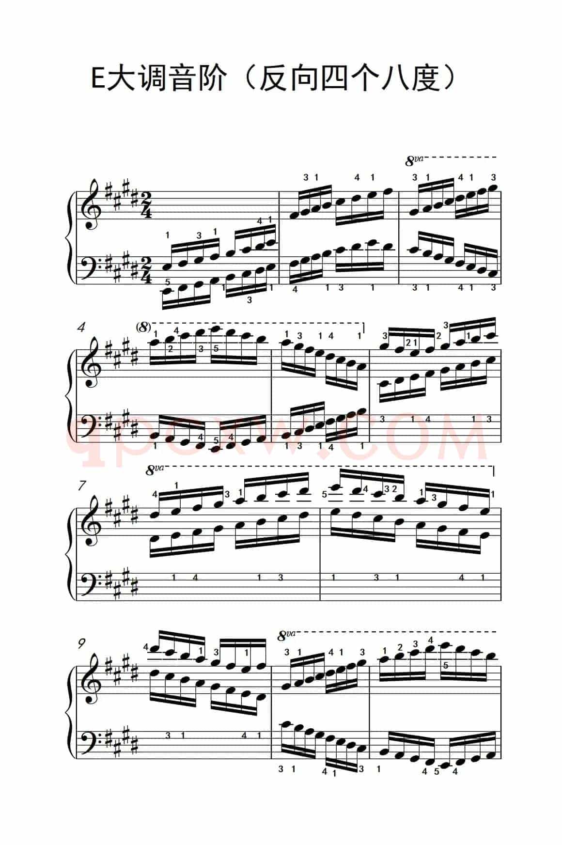 E大调音阶（反向四个八度）（孩子们的钢琴音阶、和弦与琶音 2）