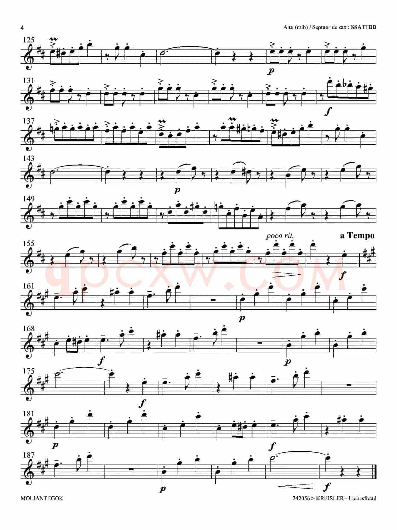 Liebesfreud（四重奏中音萨克斯分谱）