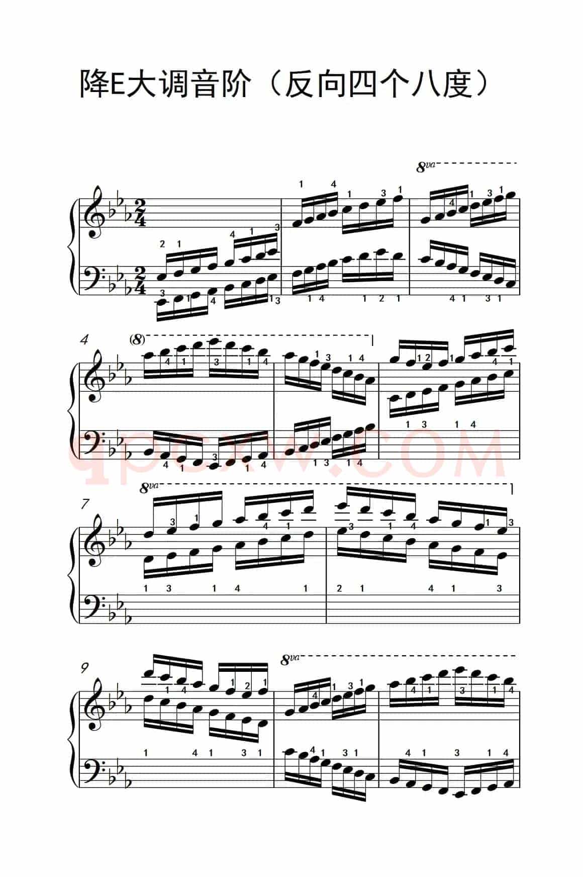 降E大调音阶（反向四个八度）（孩子们的钢琴音阶、和弦与琶音 2）