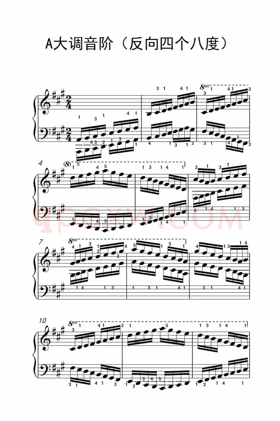 A大调音阶（反向四个八度）（儿童钢琴练习曲）