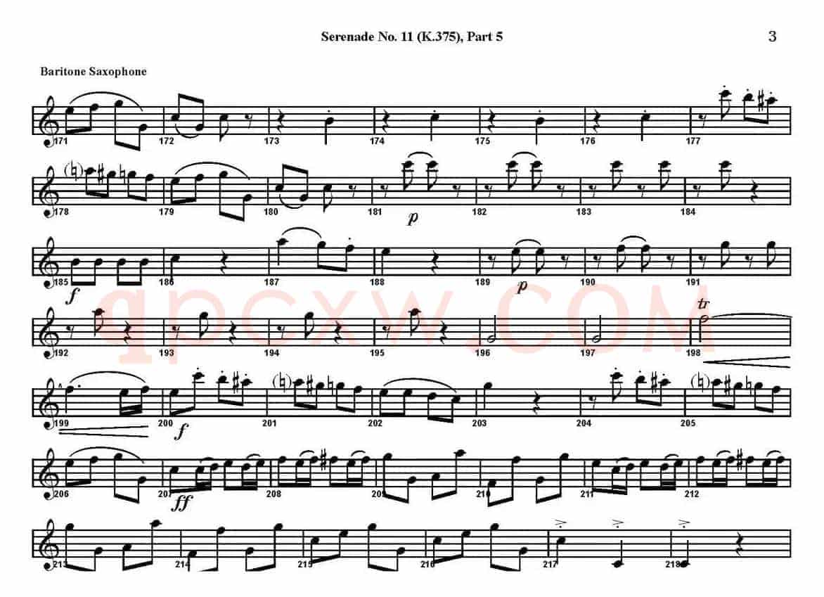 SERENADE No.11 in Eb，K.375 Part 5（四重奏·上低音萨克斯分谱）