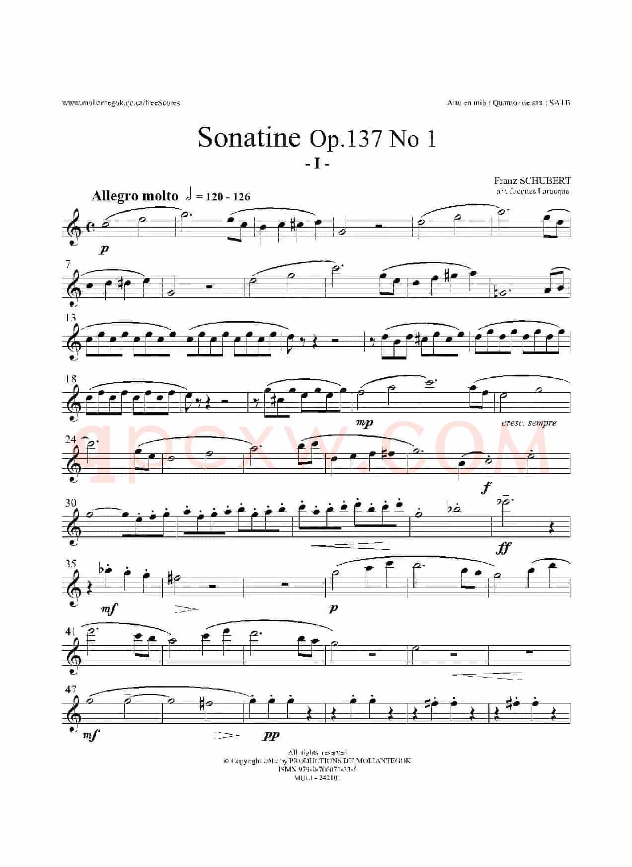 Sonatine Op.137 No 1(四重奏中音萨克斯分谱)