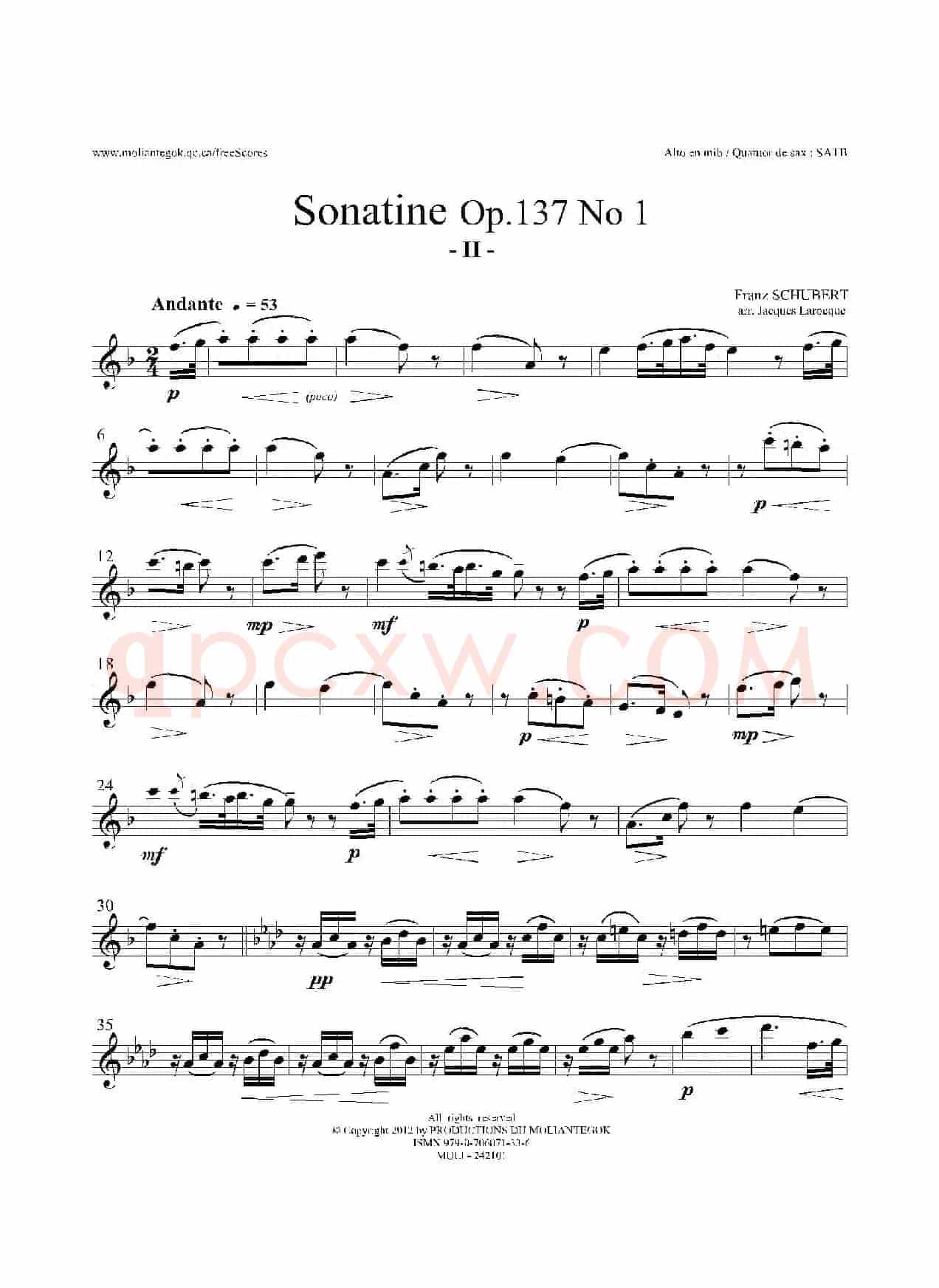 Sonatine Op.137 No 1(四重奏中音萨克斯分谱)