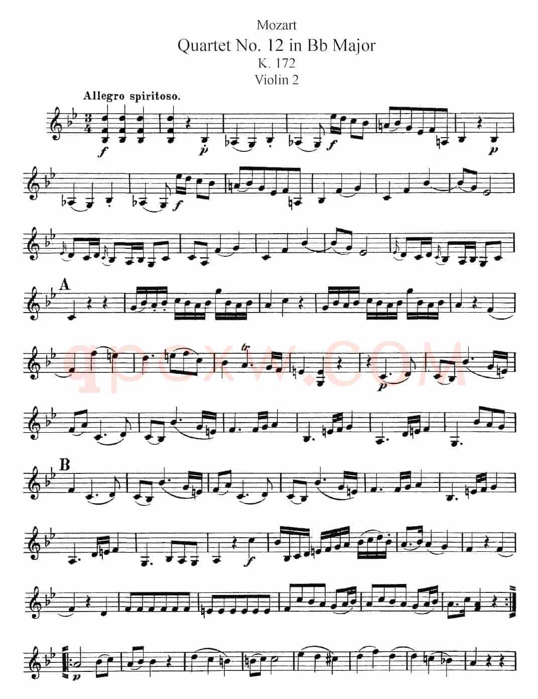 Mozart《Quartet No.12 in Bb Major,K.172》（Violin 2分谱）