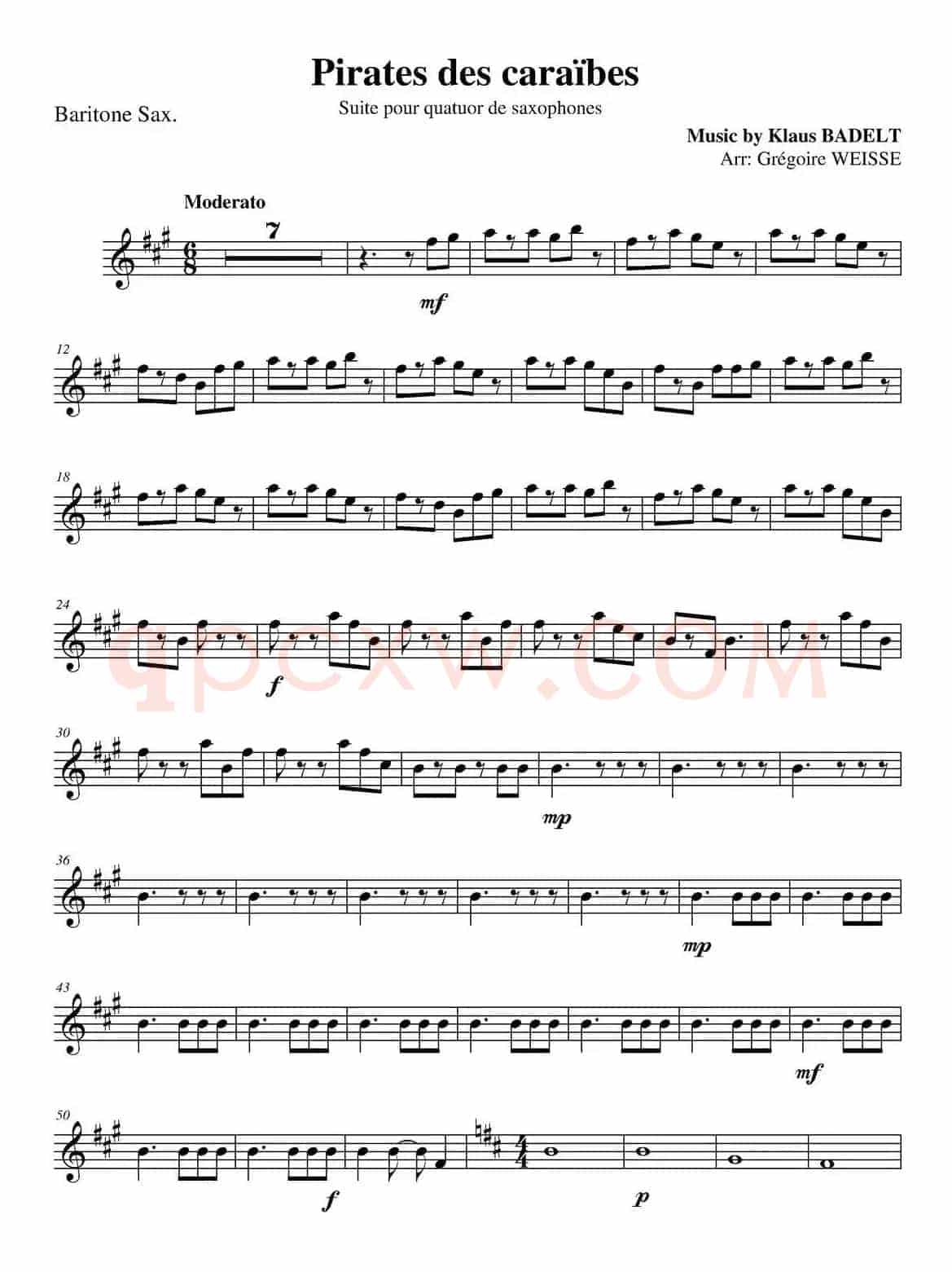 加勒比海盗（四重奏之上低音萨克斯分谱）