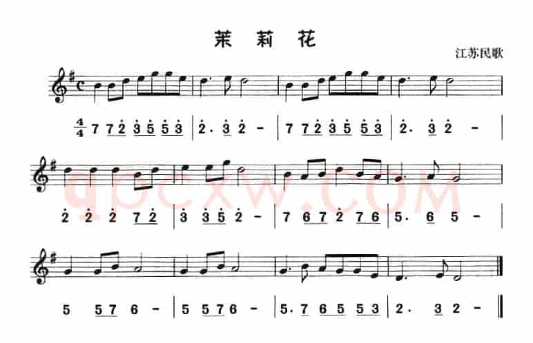 茉莉花（八孔竖笛线简谱对照版）
