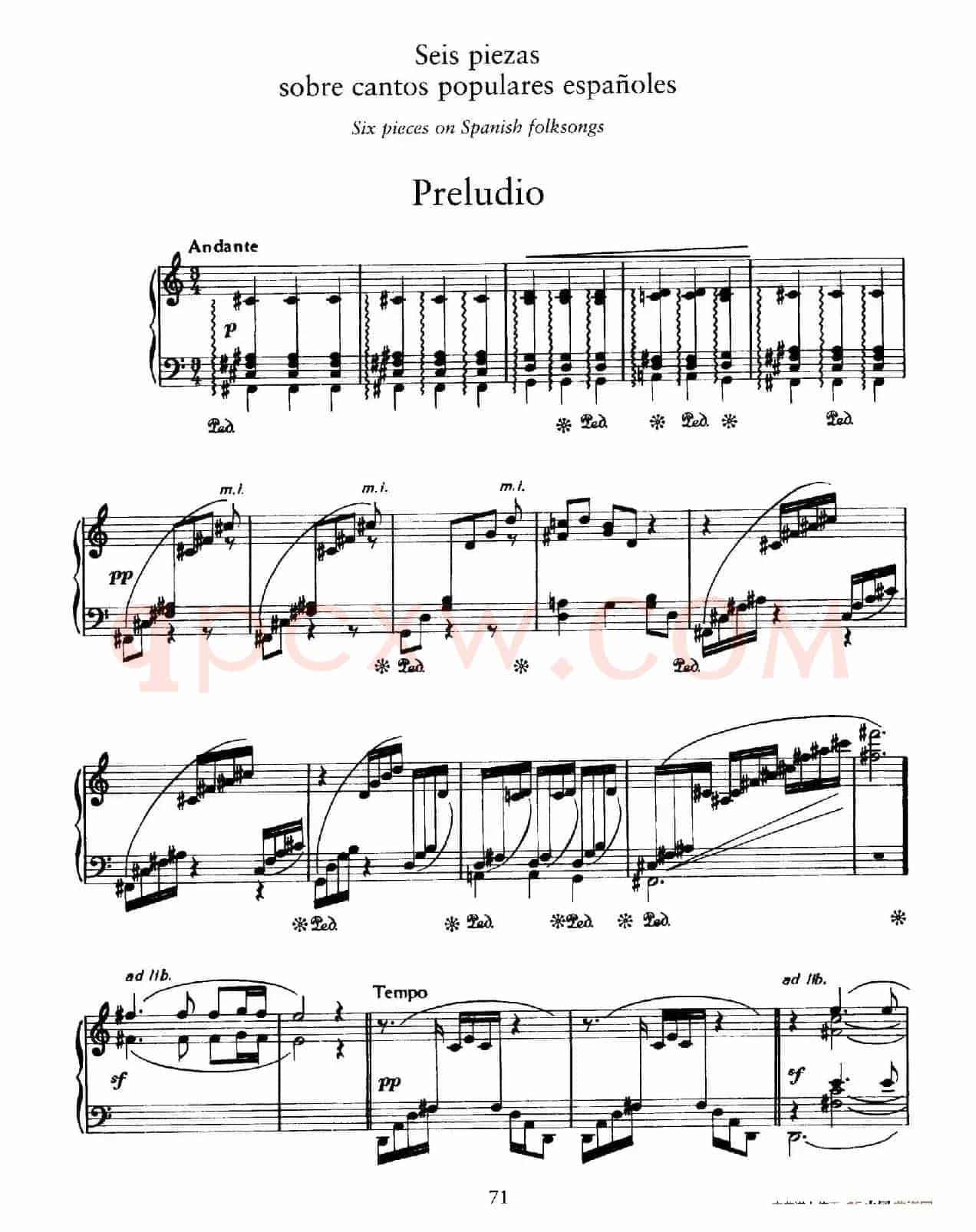 Six Pieces on Spanish Folksongs H.125（6首西班牙民谣小品·1. 前奏曲 Preludio）