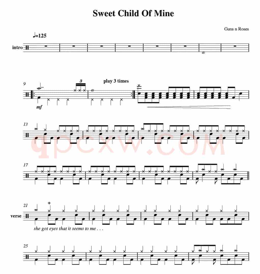 爵士鼓谱：Guns n' Roses - Sweet child of mine