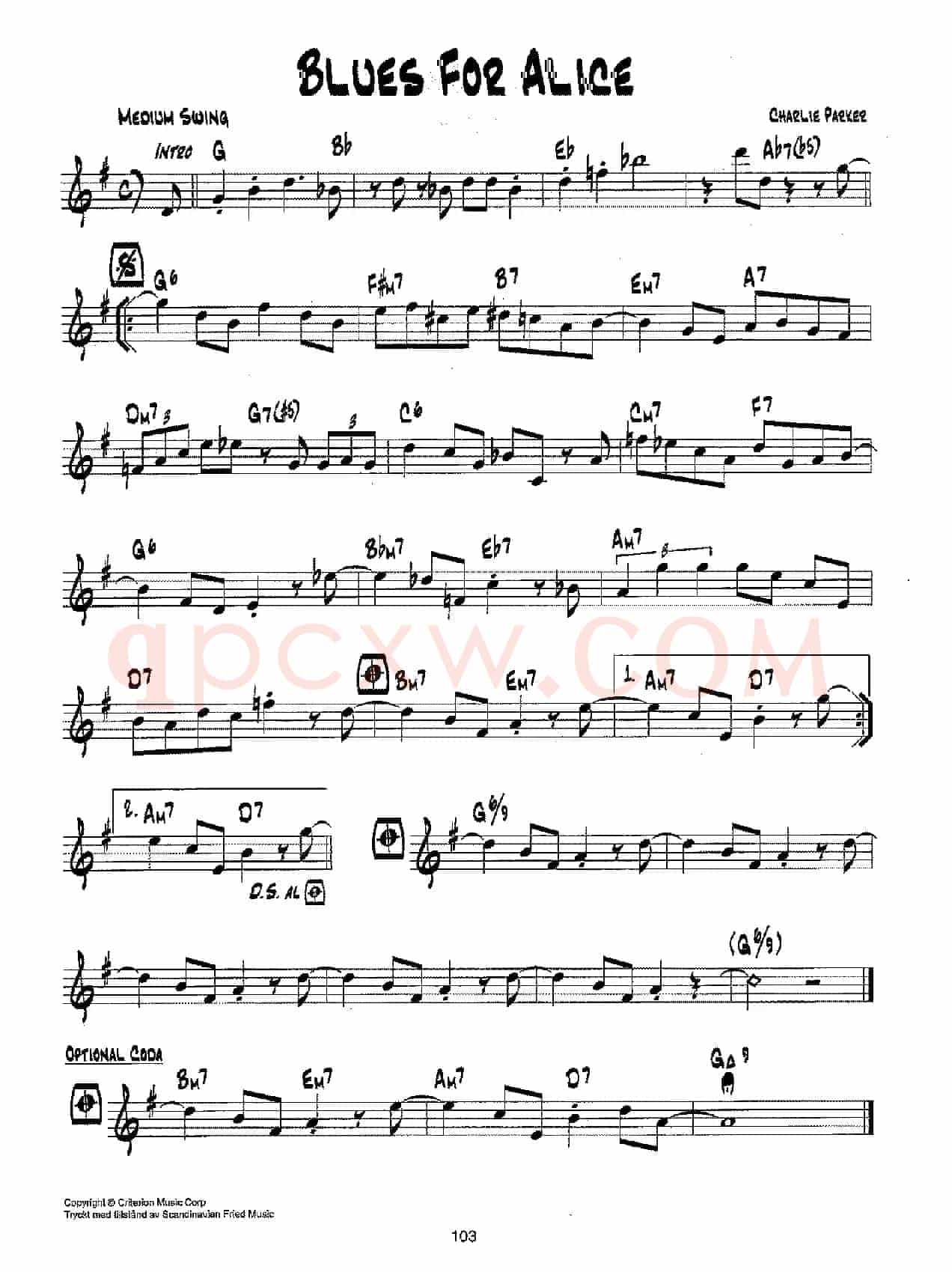 降B爵士乐谱：BLUES FOR ALICE
