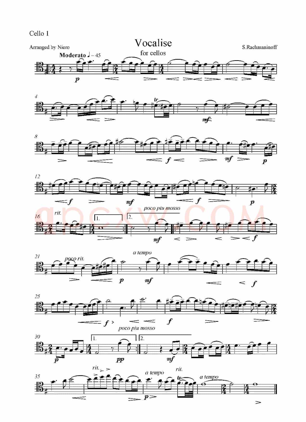 vocalise（练声曲）（五重奏第一大提琴分谱）