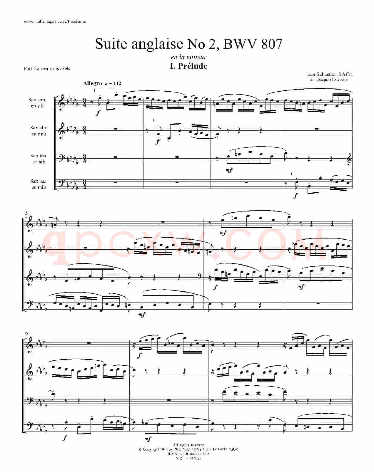 Suite anglaise No 2,BWV 807（法国组曲之二·前奏曲）（四重奏总谱）