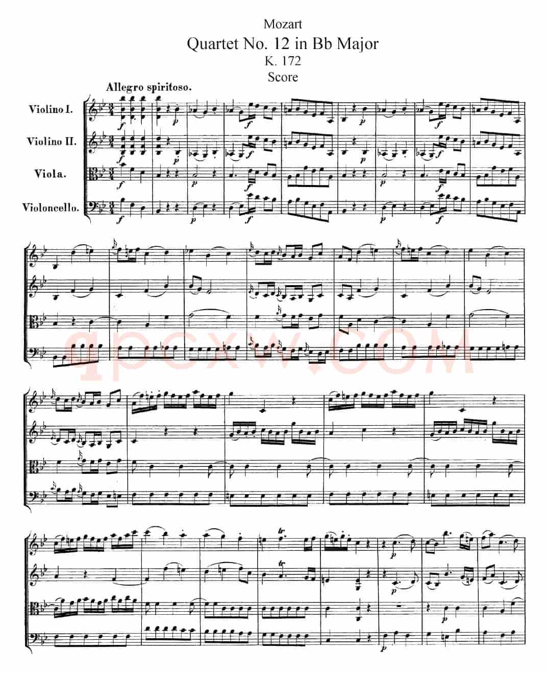 Mozart《Quartet No.12 in Bb Major,K.172》（总谱）