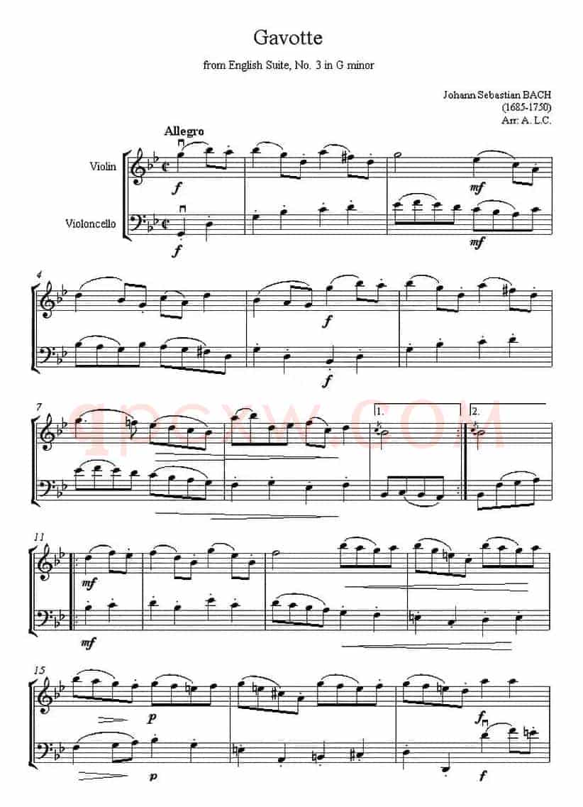 Gavotte from English Suite,No.3 in G minor(加沃特舞曲)(小提琴、大提琴二重奏)