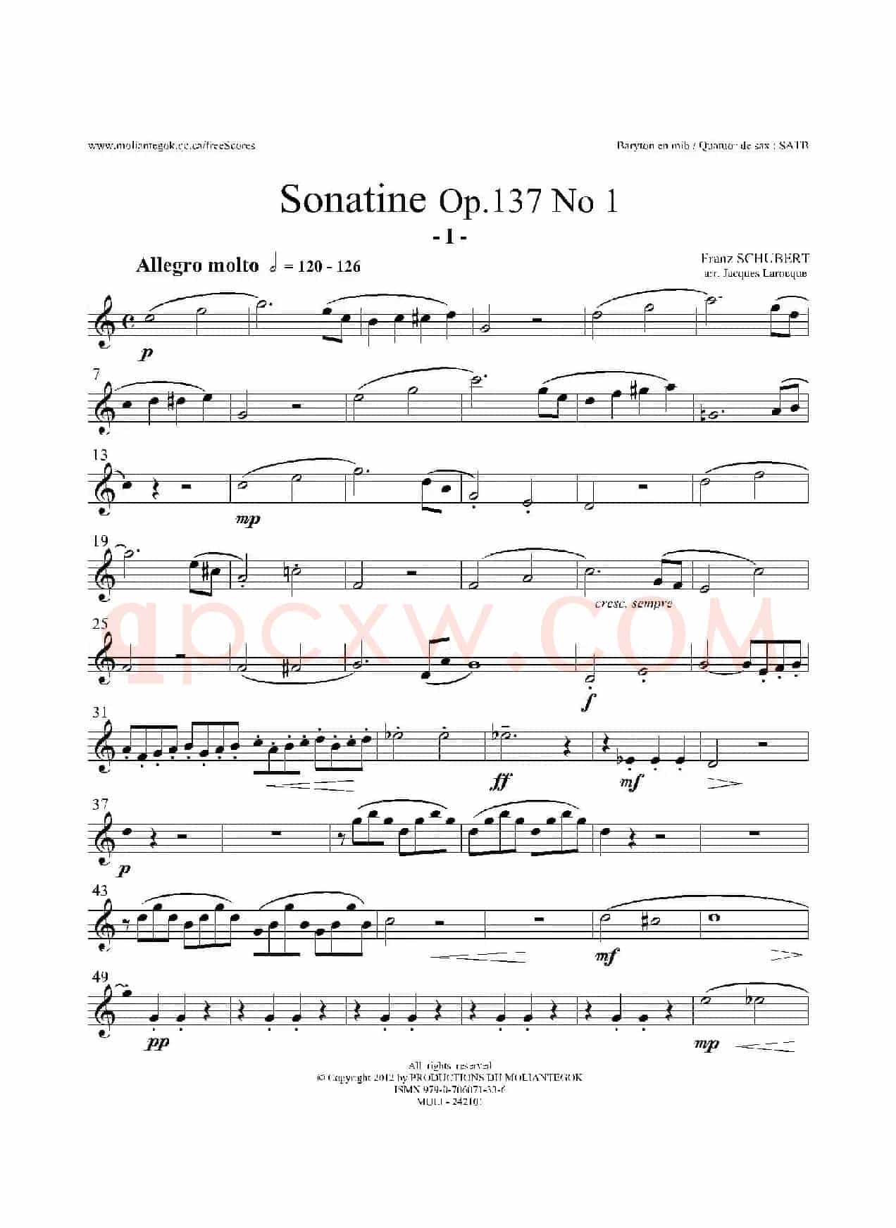 Sonatine Op.137 No 1（四重奏上低音萨克斯分谱）