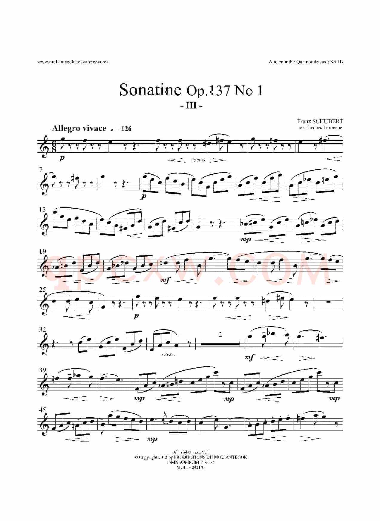 Sonatine Op.137 No 1(四重奏中音萨克斯分谱)