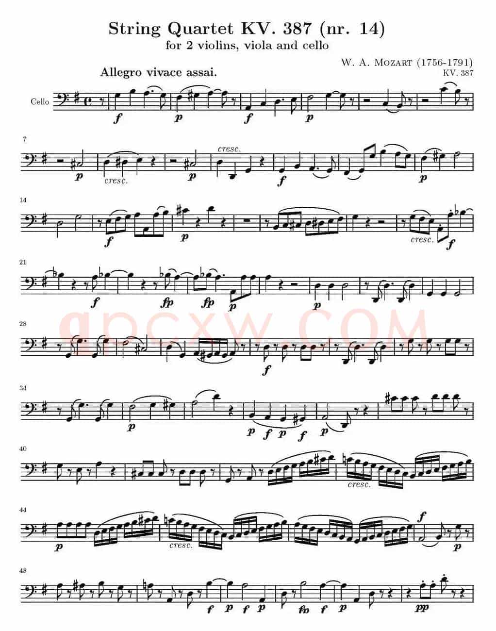 String Quartet KV.387（弦乐四重奏大提琴分谱）